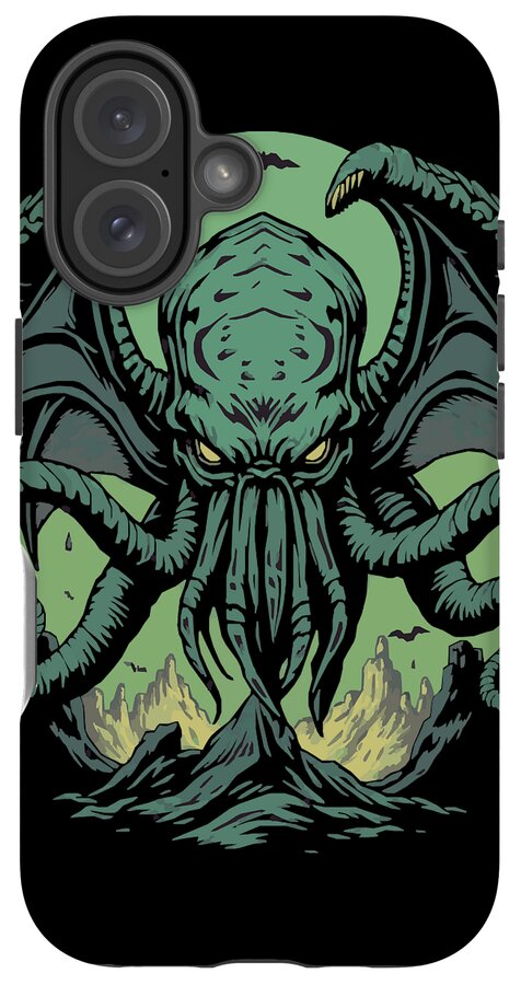 Black iPhone case with green Cthulhu demon artwork, triple camera lenses visible