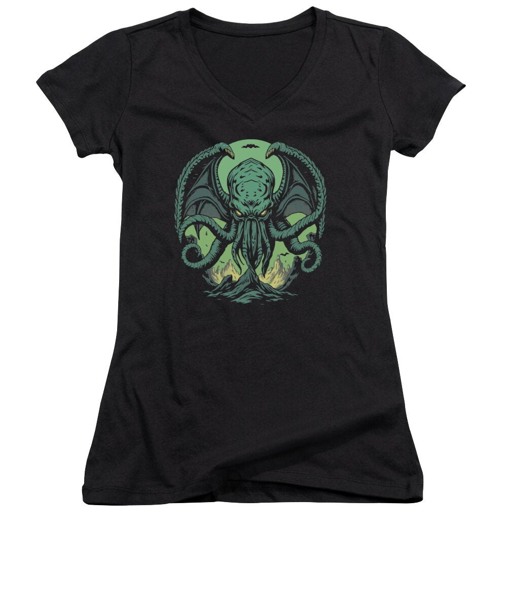 Black women's V-neck T-shirt with green tentacled creature front graphic.