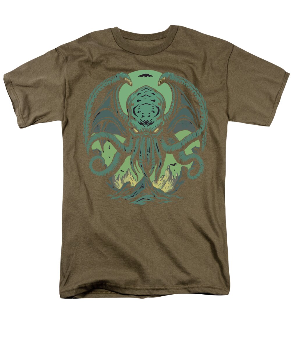 Olive brown men’s t-shirt with teal and green tentacled monster graphic centered.