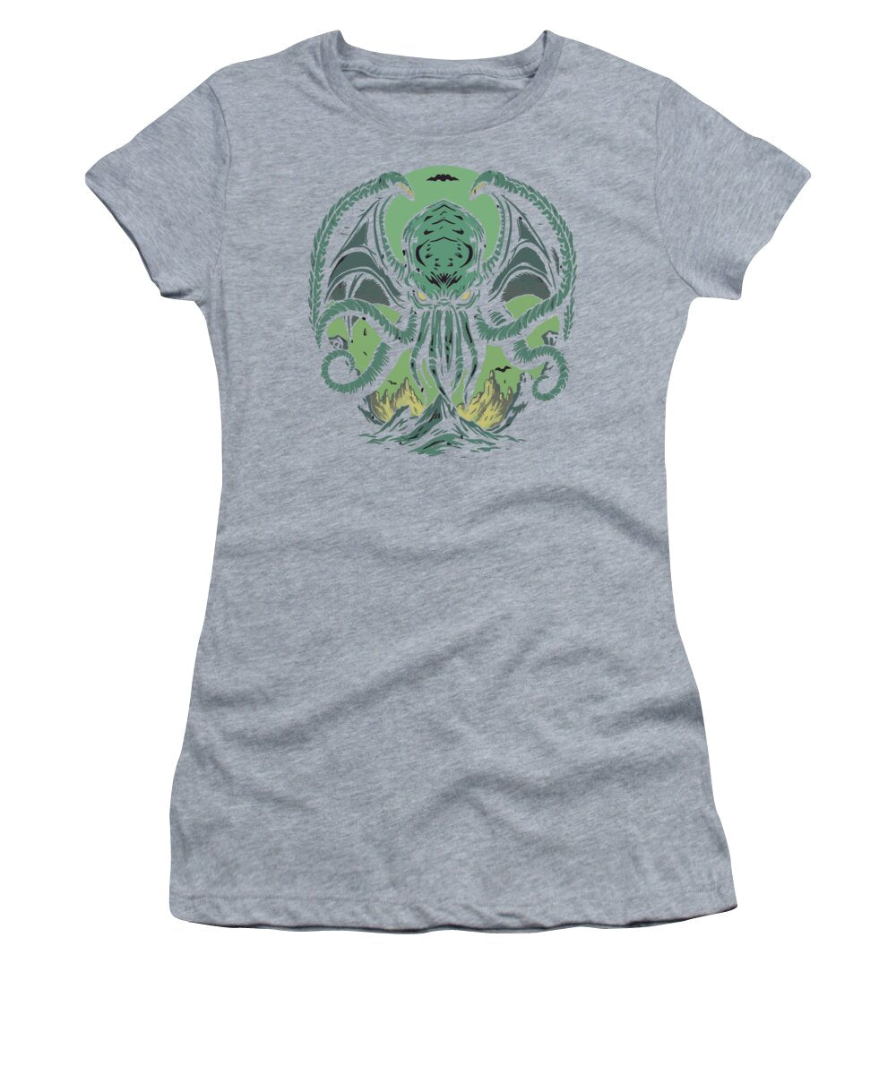 Heather gray women's t-shirt with green Cthulhu demon graphic on the front