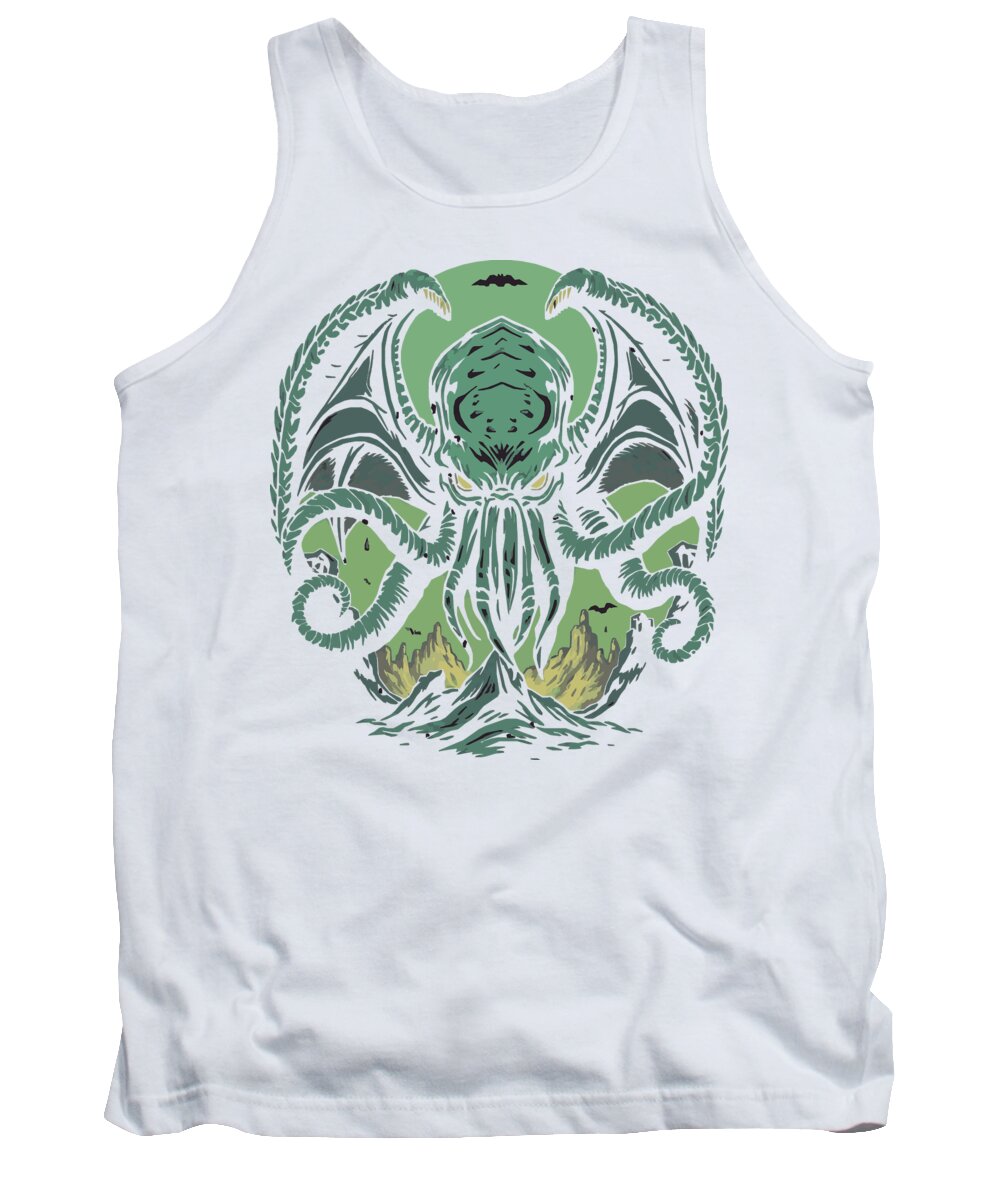 White demon tank top with teal tentacle creature graphic at center chest