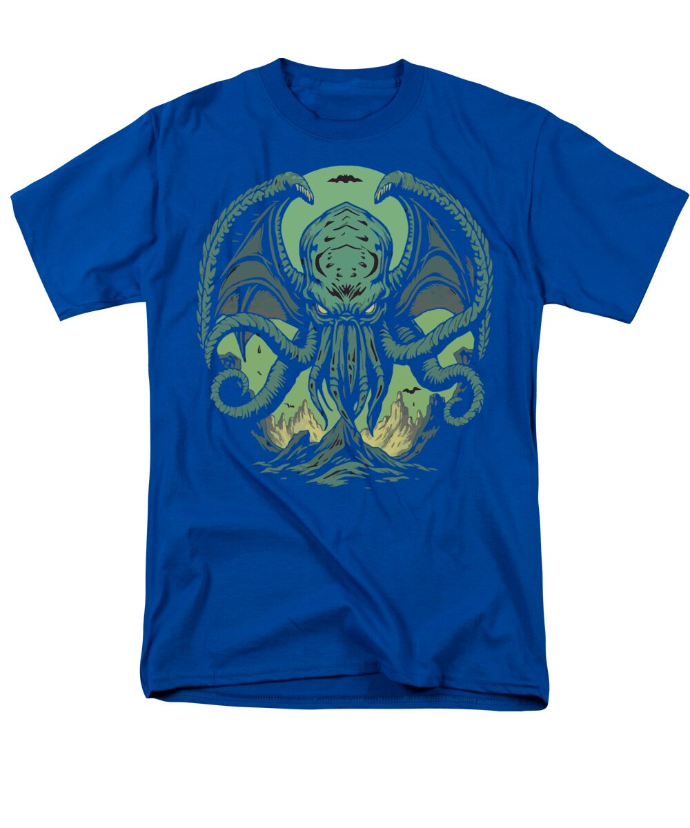 Royal blue men’s t-shirt with green tentacled monster graphic centered on chest.