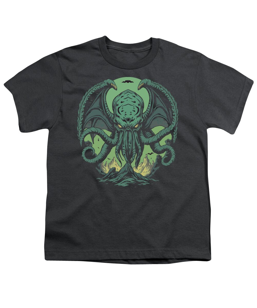 Dark gray youth graphic t-shirt with green tentacled demon face and wings print