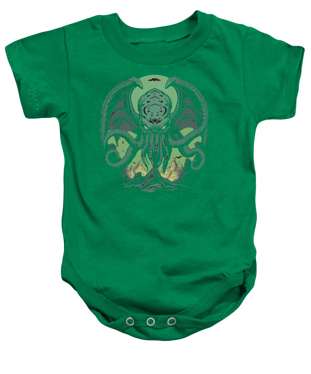 Kelly green baby onesie bodysuit with green tentacled demon graphic on chest