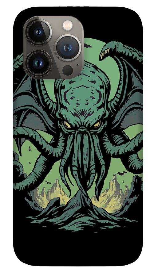 Black iPhone case with teal Cthulhu demon graphic and tentacles; gray camera module cutout.