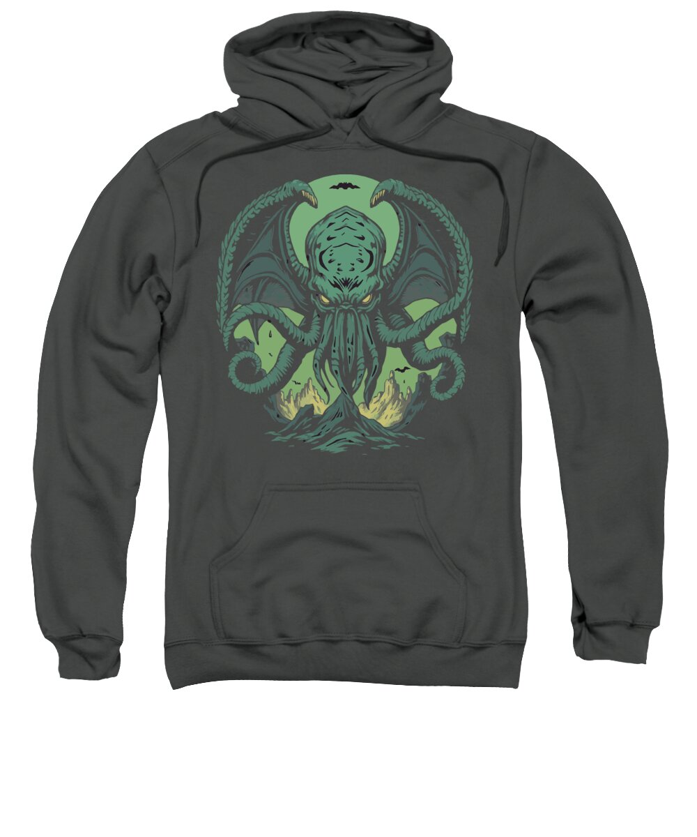 Charcoal demon graphic pullover sweatshirt with green chest illustration and hood.