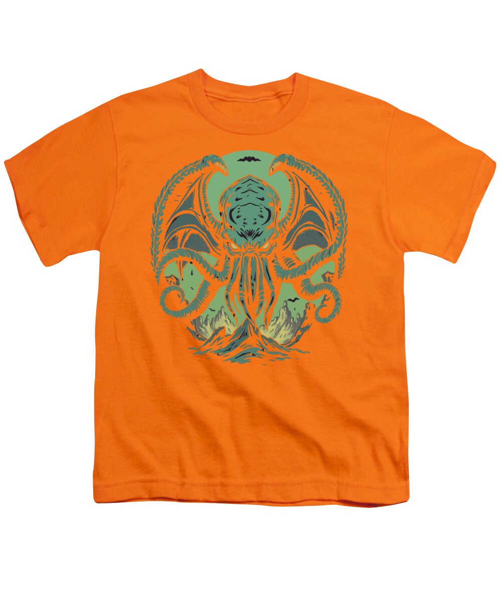 Youth T-shirt in orange with teal sea monster graphic