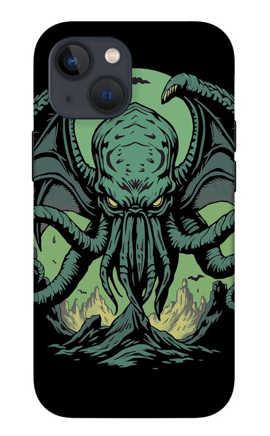 Black iPhone case with teal Cthulhu demon face and tentacles graphic; raised camera cutouts.