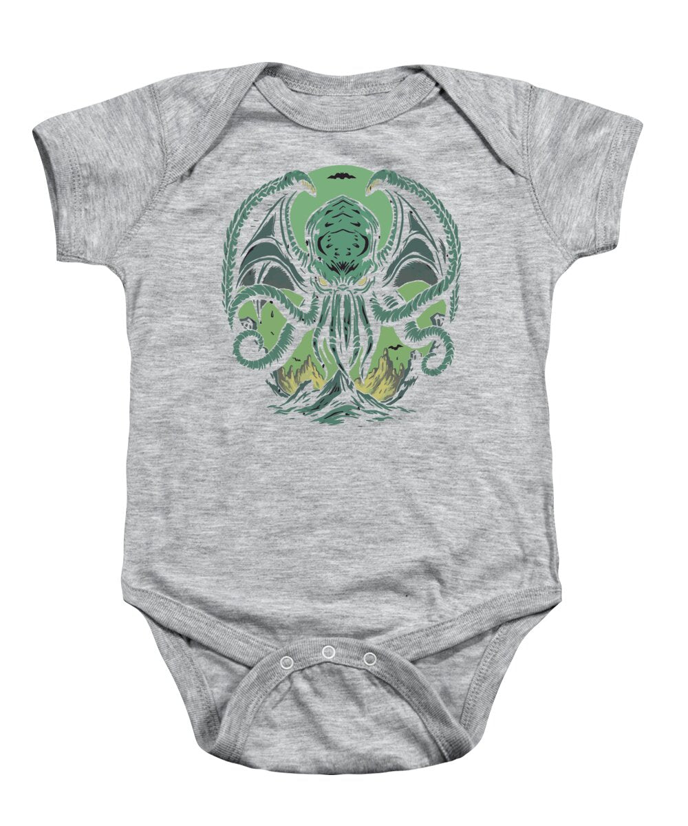 Heather gray baby onesie bodysuit with green tentacled demon graphic on chest
