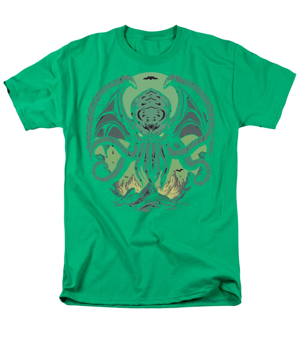 Men's graphic t-shirt, bright green crew neck with green demon tentacle front print