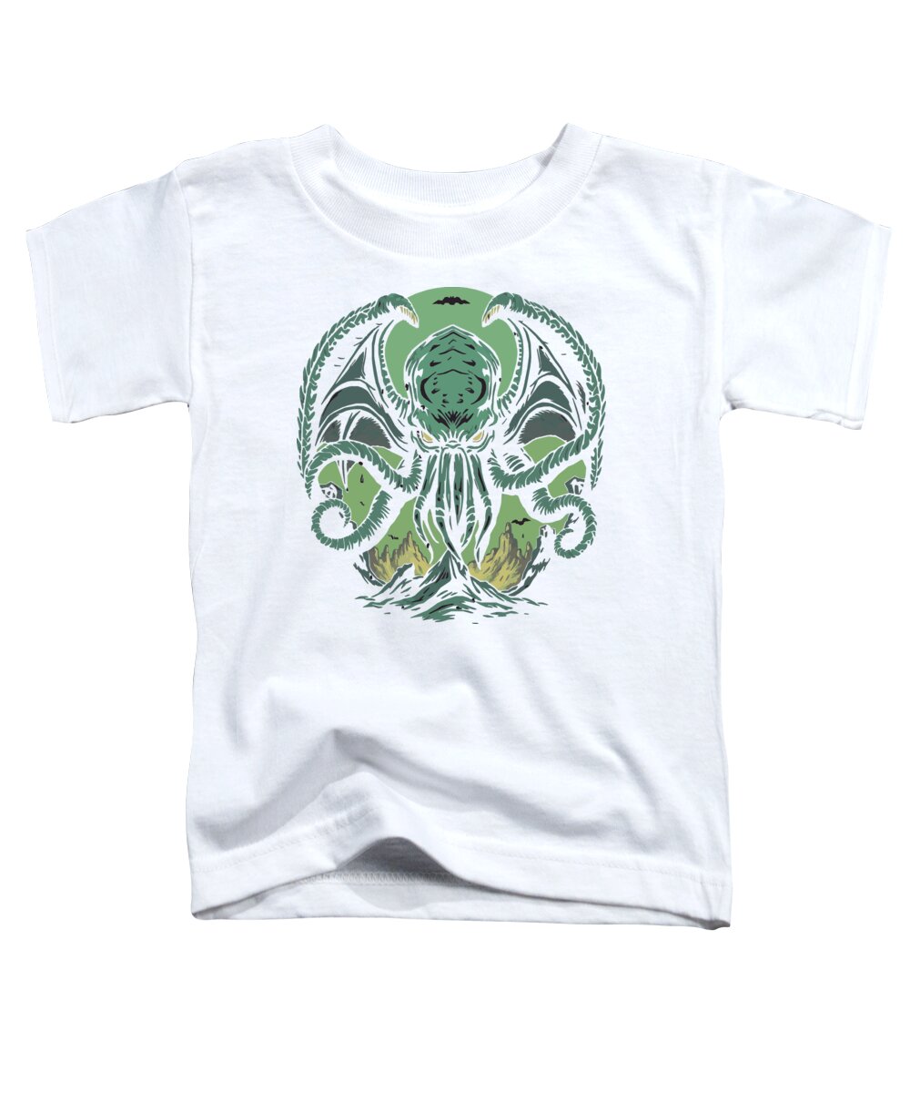 Women's relaxed T-shirt, white crewneck with green demon graphic on front