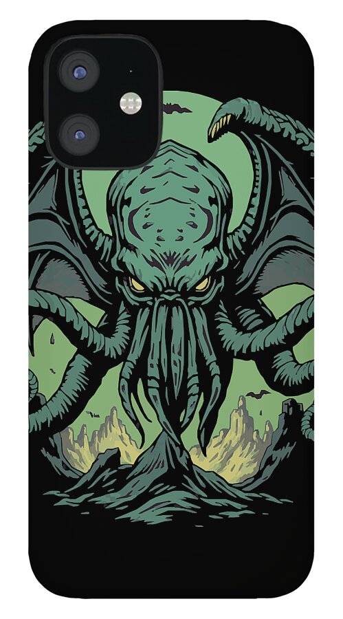 Black iPhone case with teal Cthulhu demon face and tentacles; dark claws reaching forward.