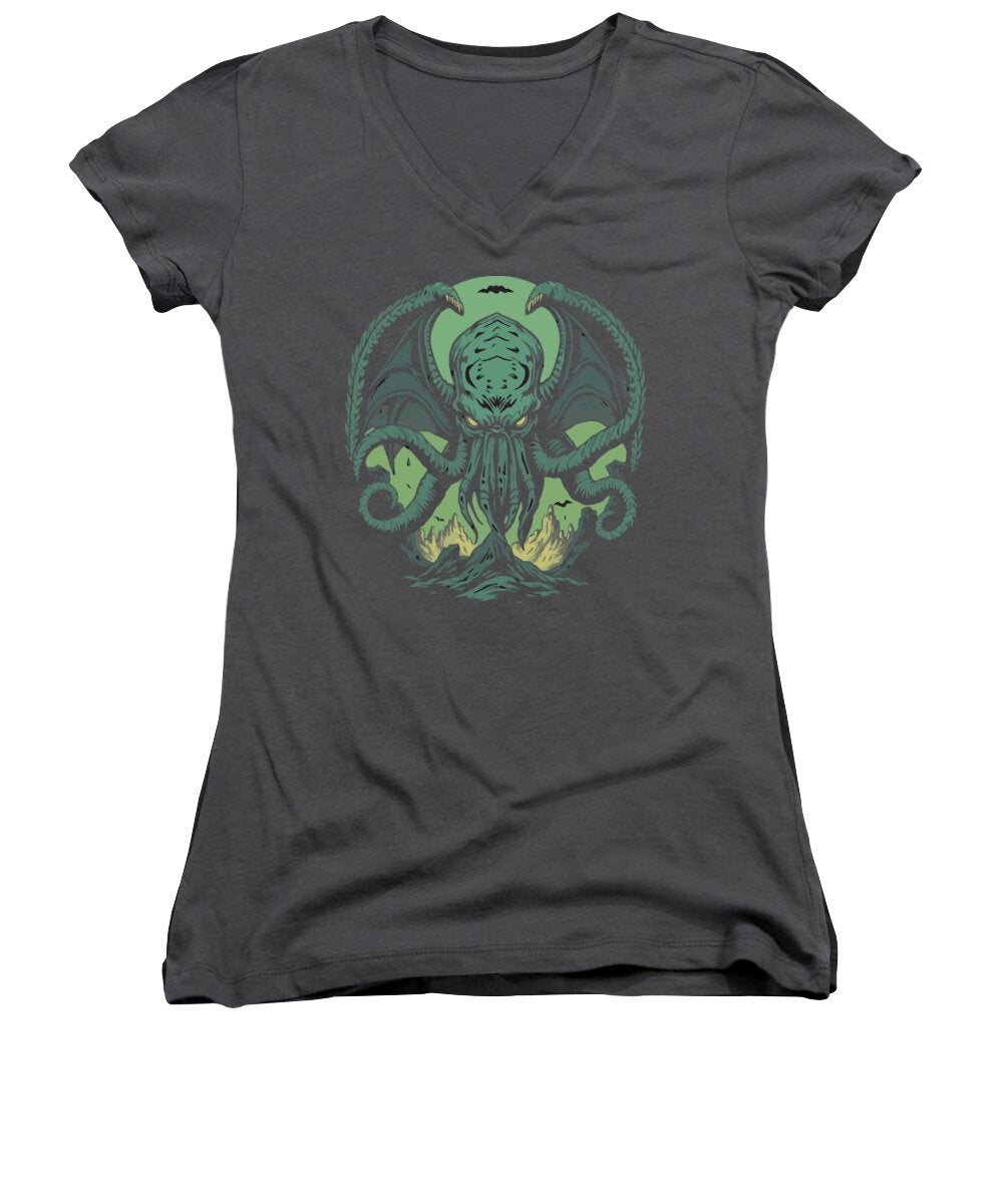 Charcoal women's V-neck T-shirt with green tentacled creature front graphic.