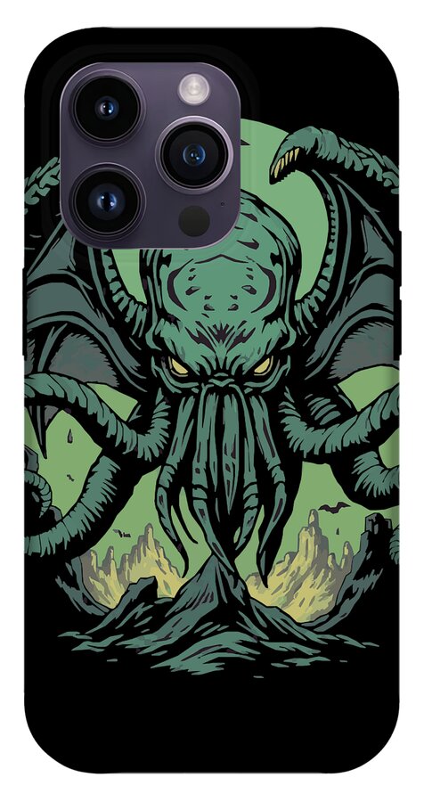 Phone case with green tentacled demon illustration and prominent camera lens cutouts
