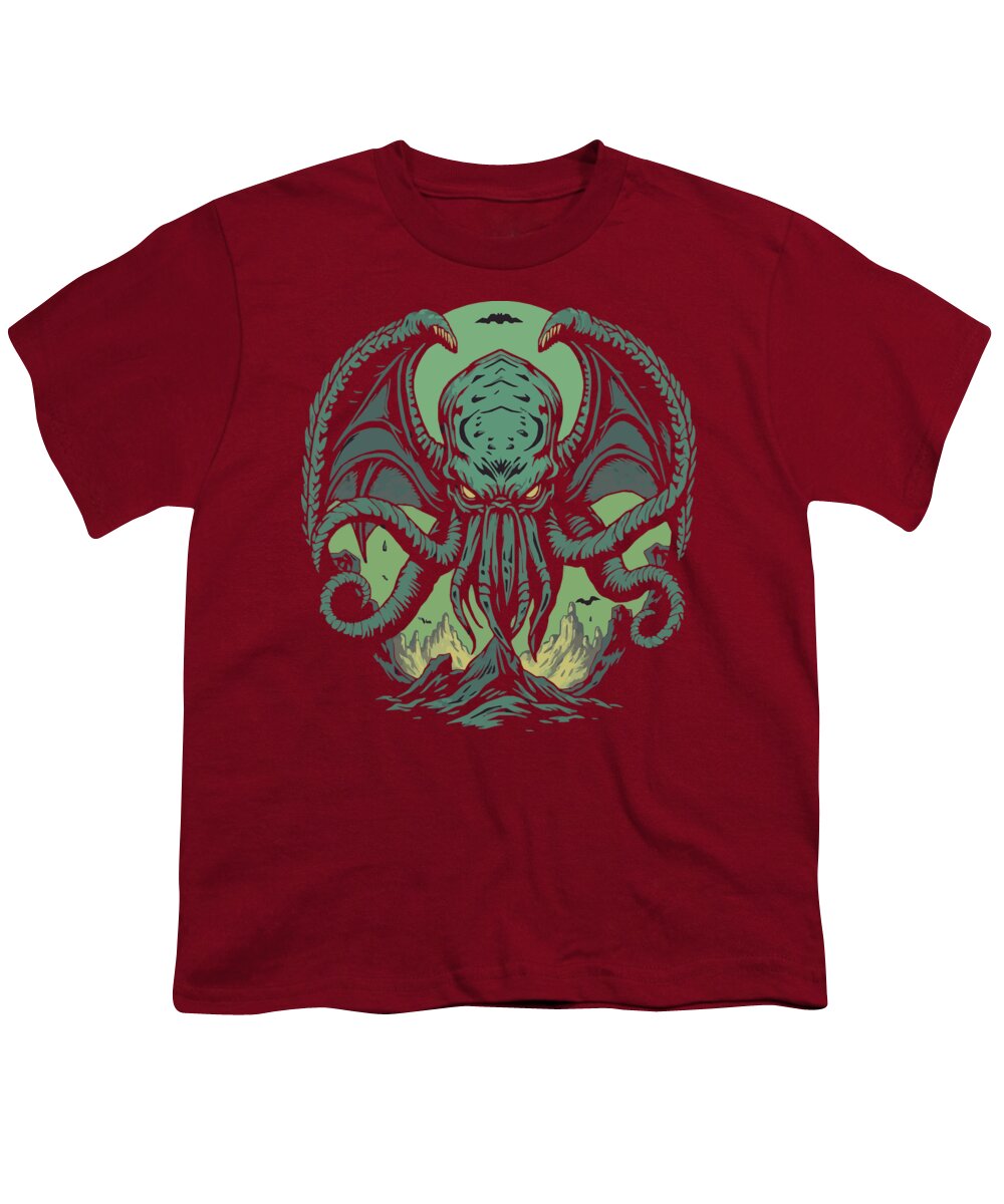 Red youth graphic t-shirt with green tentacled demon face and wings print