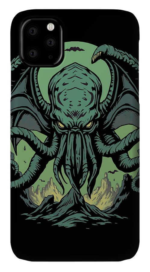 Black phone case displaying a teal tentacled demon and camera cutouts