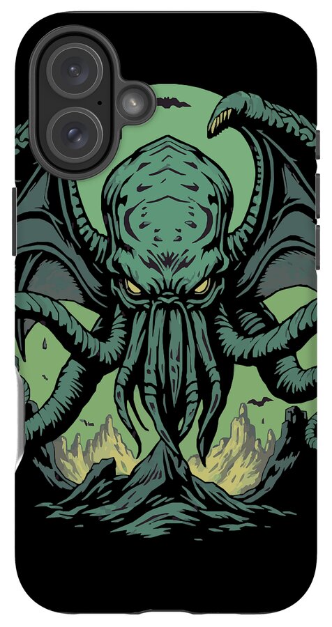 Black iPhone case with green Cthulhu demon illustration and tentacles, triple-lens cutout