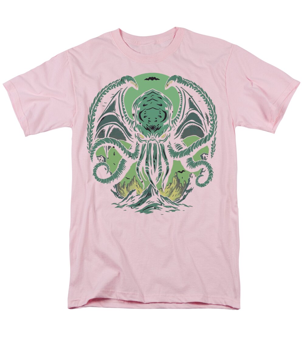 Light pink men’s t-shirt with green tentacled monster graphic centered on chest.