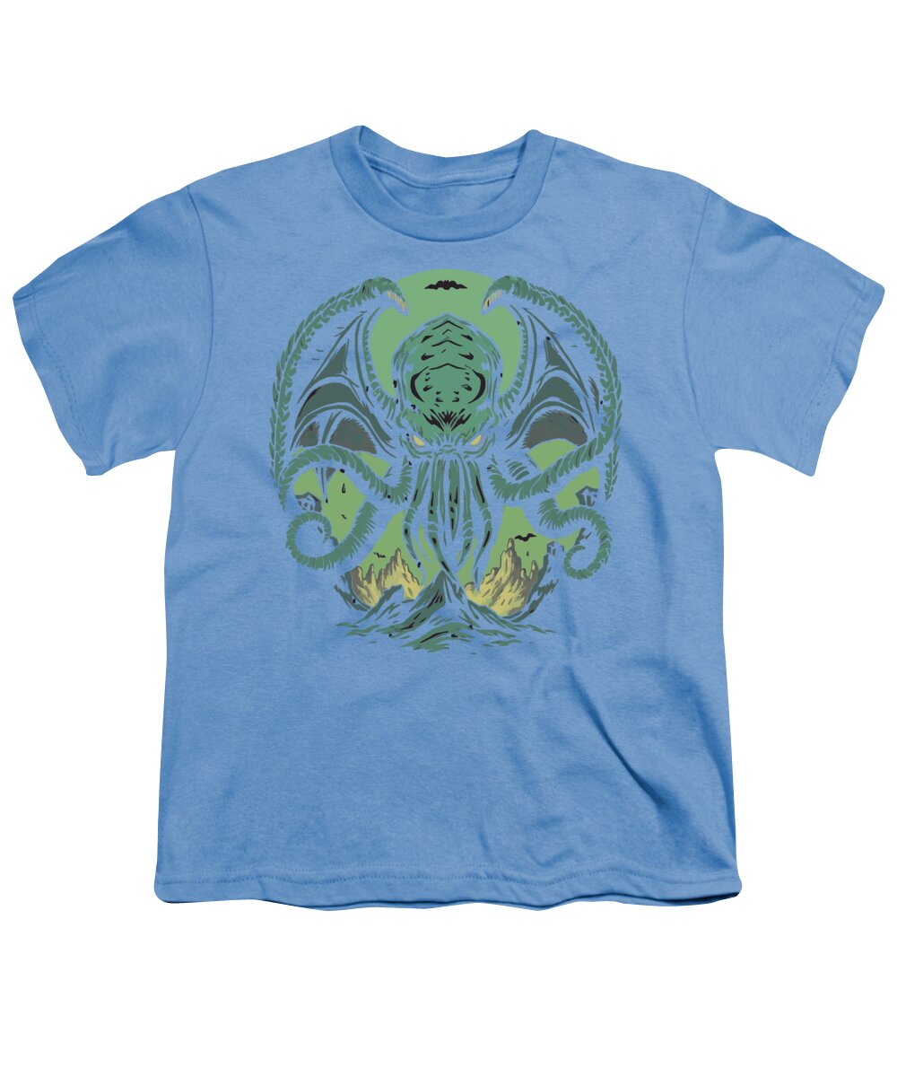 Light blue youth graphic t-shirt with green tentacled demon face and wings print