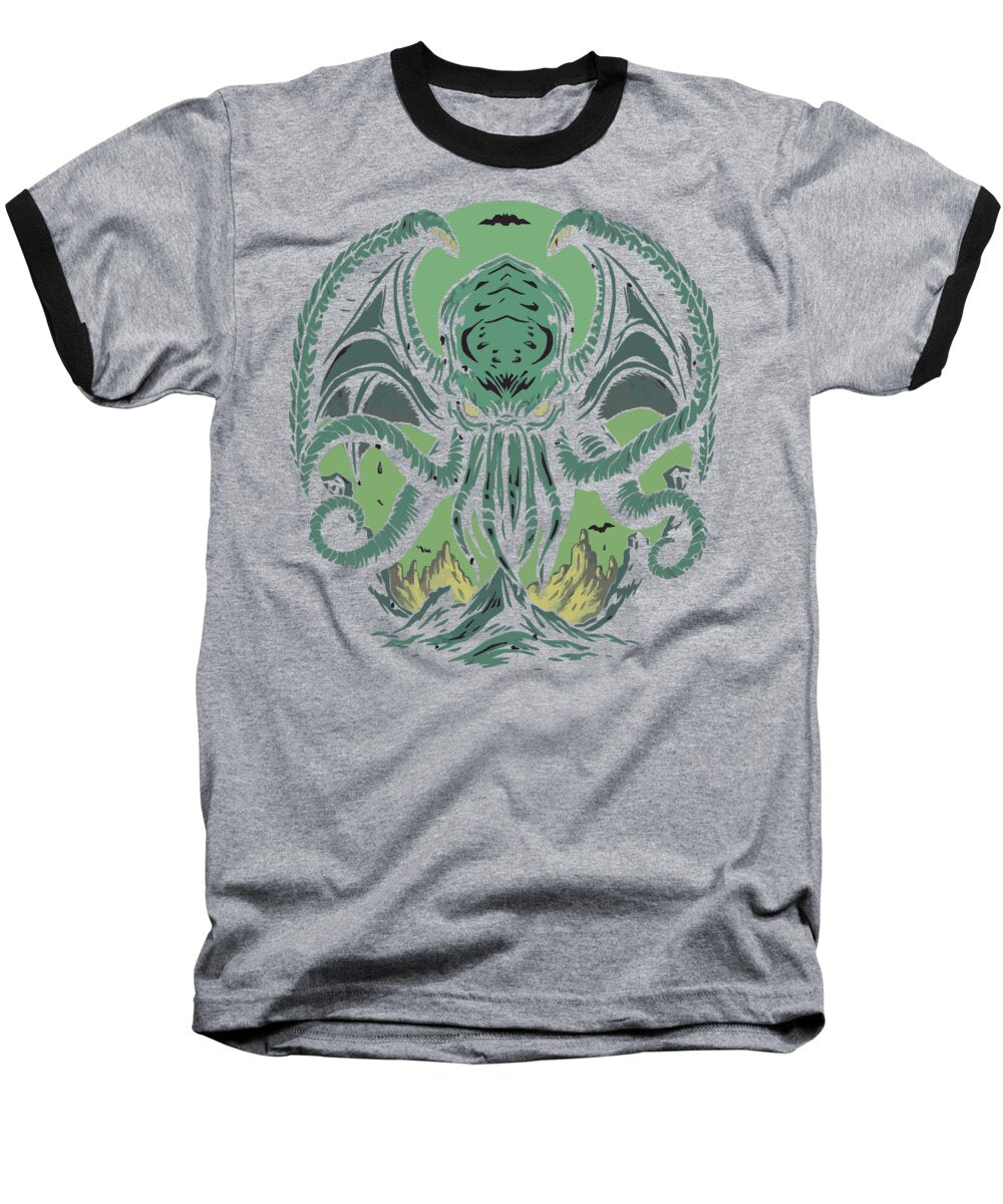 Heather gray raglan T-shirt with black sleeves and green demon front graphic