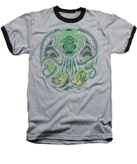 Heather gray raglan T-shirt with black sleeves and green demon front graphic