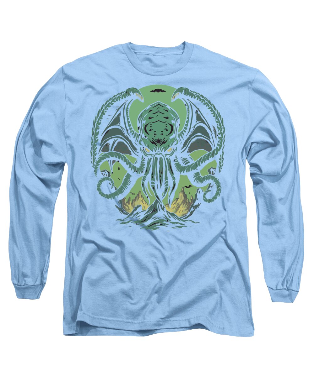 Light blue long sleeve T-shirt with neon green monster graphic centered on chest