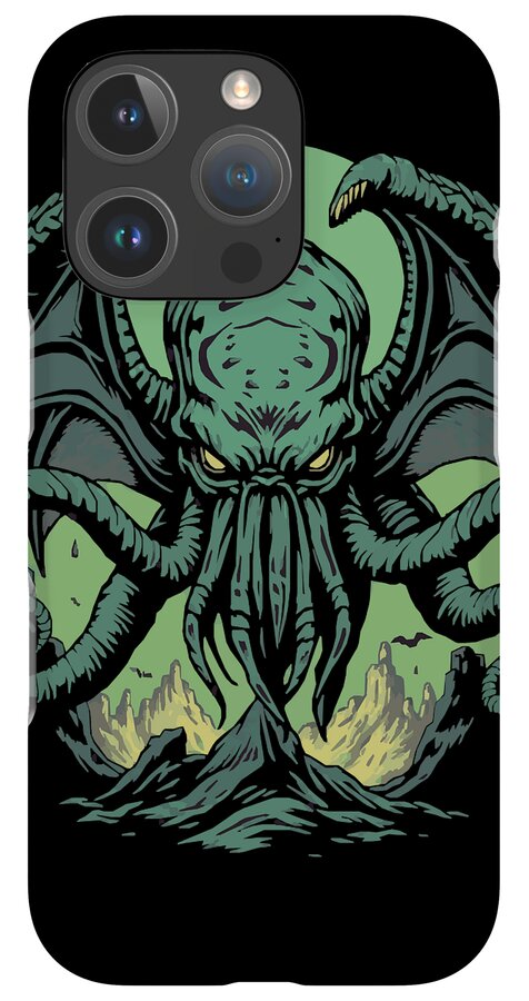 Black iPhone case with green demon face artwork and tentacles, quad-lens camera array