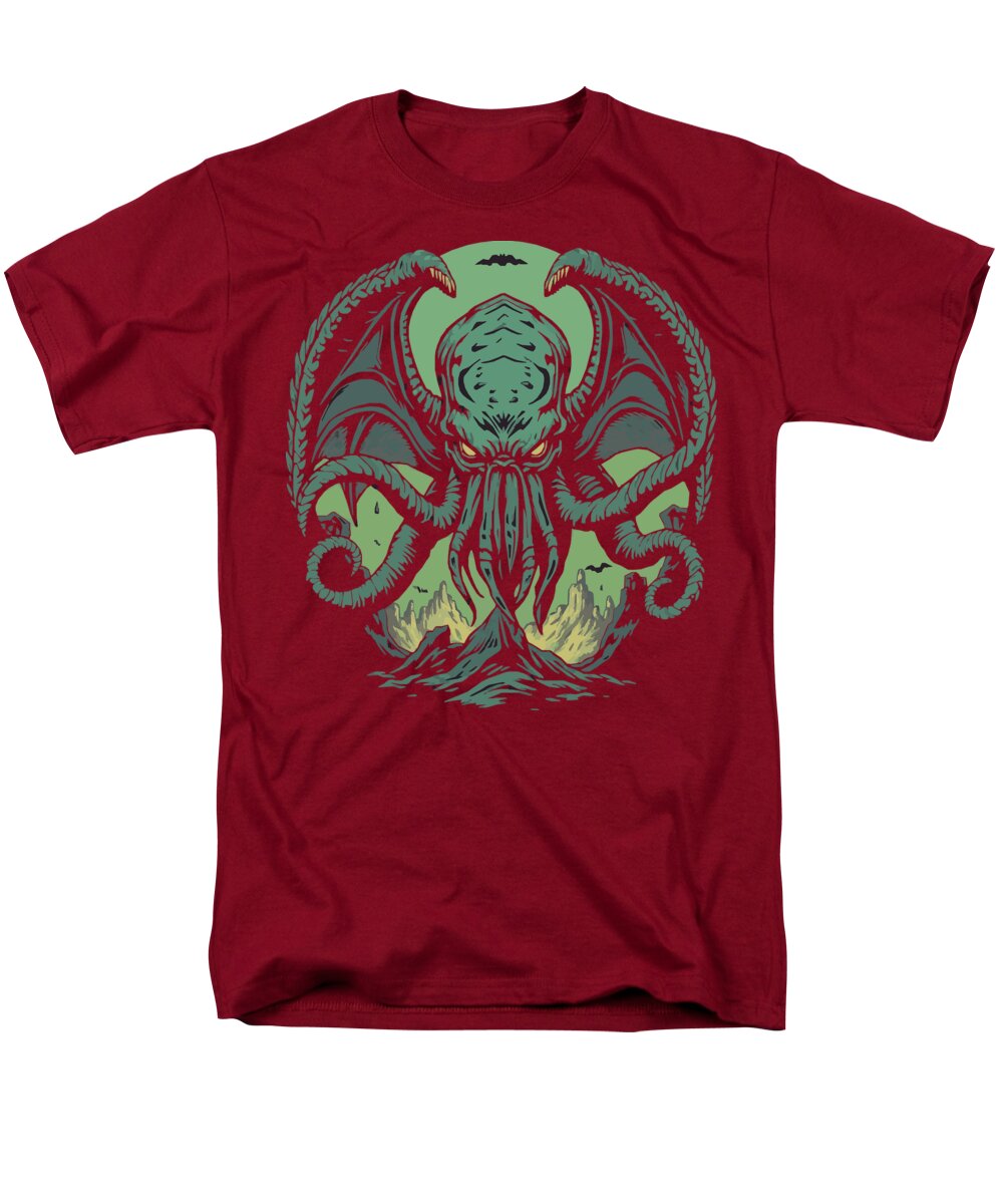 Men's graphic t-shirt, red crew neck with green demon tentacle front print