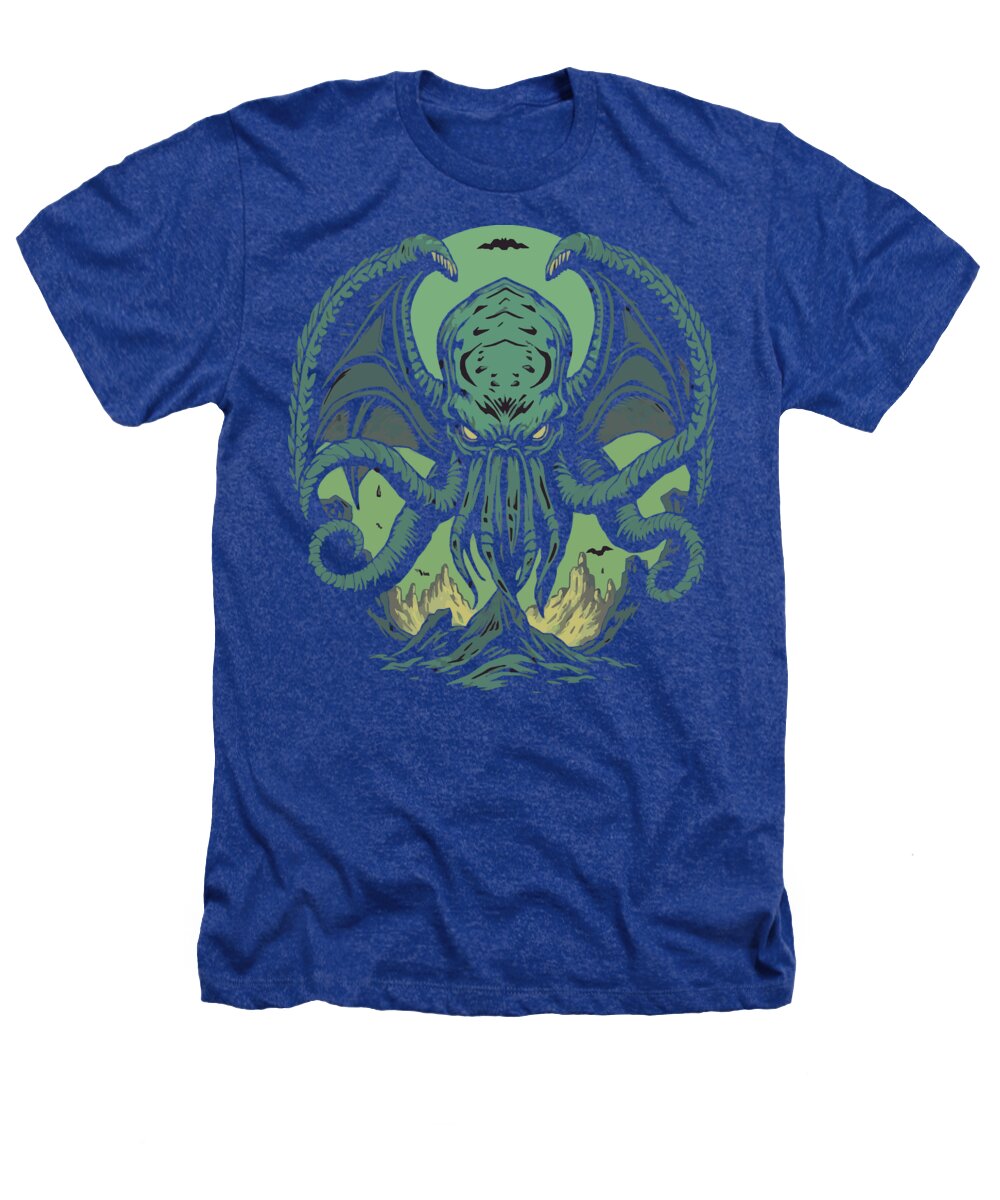 Royal blue heather T-shirt with green Cthulhu-style demon graphic on front