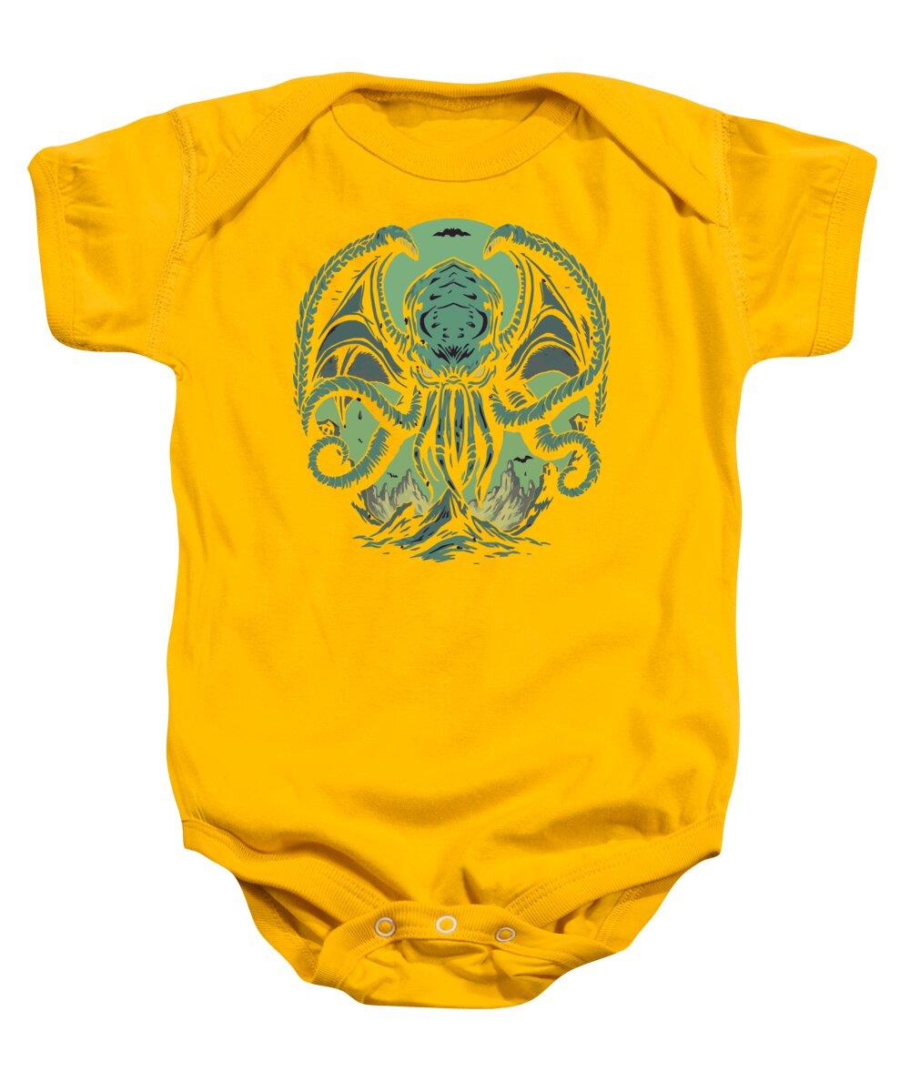 Gold yellow baby onesie bodysuit with green tentacled demon graphic on chest