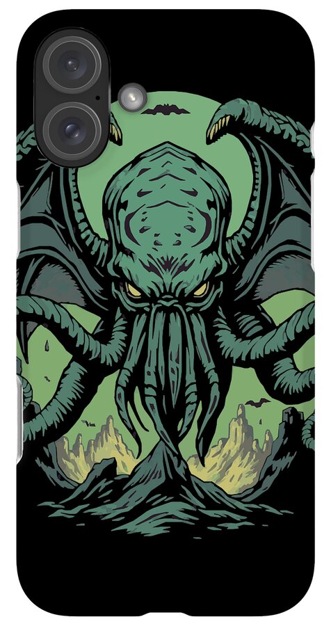 Black iPhone case with green tentacled monster design, triple-lens camera array