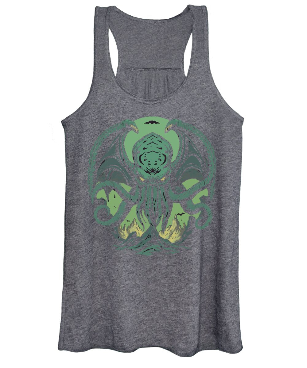 Women's tank top, heather gray with green tentacled monster graphic front