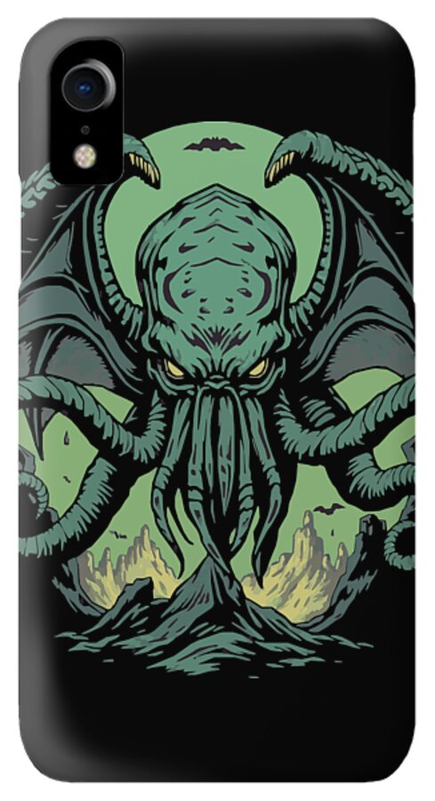 Black iPhone case with green demon tentacles and creature face, side button cutouts