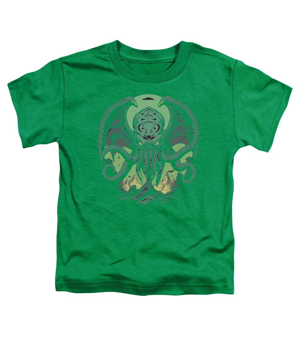 Kelly green women's relaxed t-shirt with green Cthulhu-style demon front graphic.