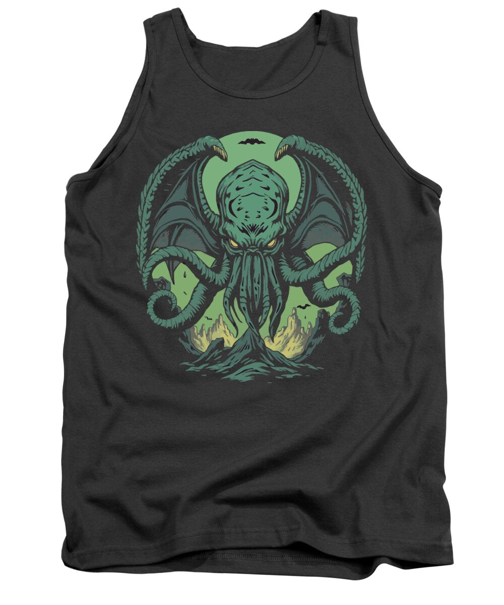 Charcoal demon tank top with teal tentacle creature graphic at center chest