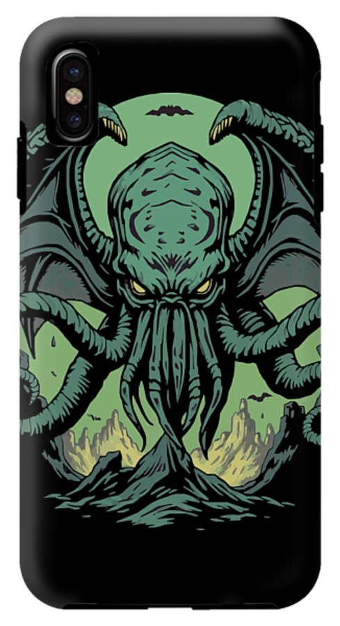 Black iPhone case with green Cthulhu demon illustration and tentacles, single camera cutout