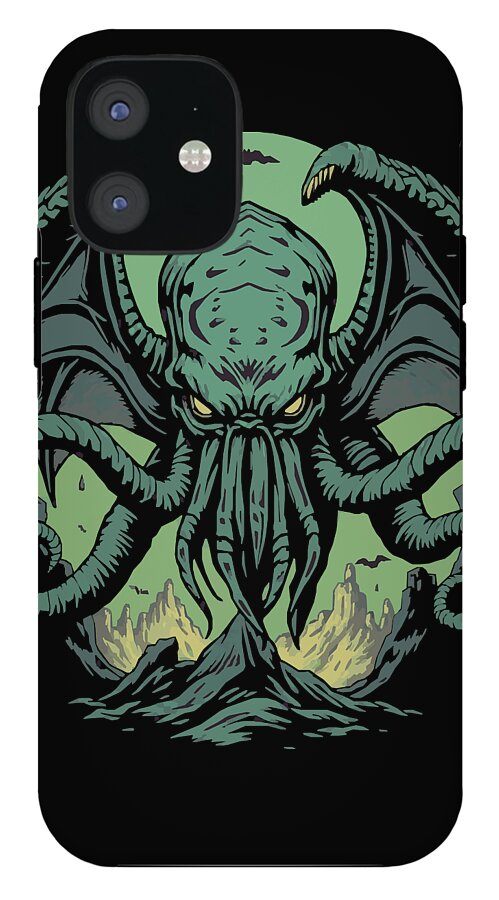 Black phone case with teal demon sea-creature artwork and camera cutouts