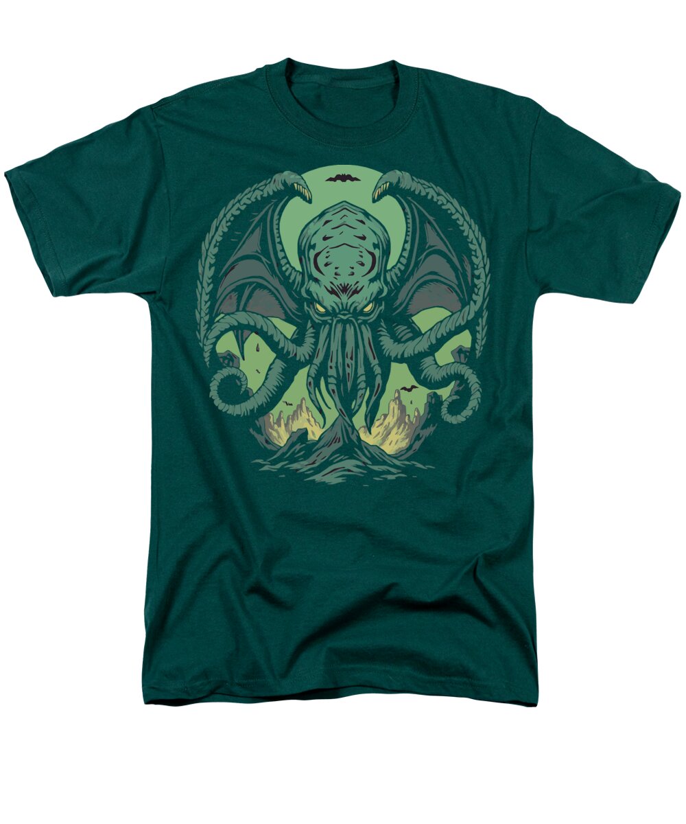 Men's graphic t-shirt, dark green crew neck with green demon tentacle front print
