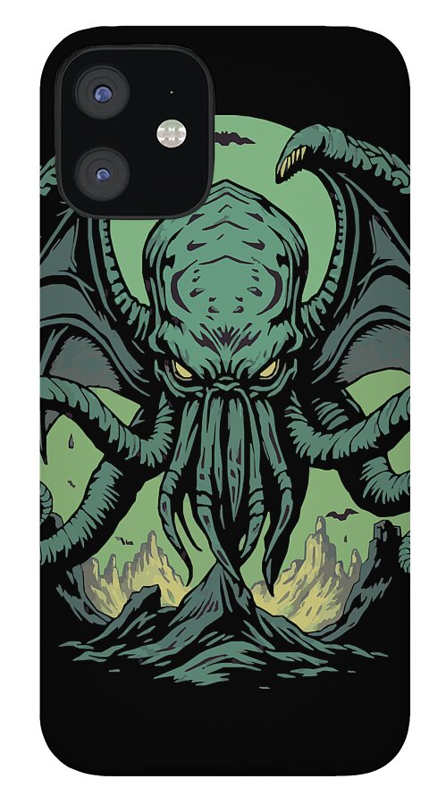 Black iPhone case with teal Cthulhu demon face, tentacles, and claws; top-left camera cutout.