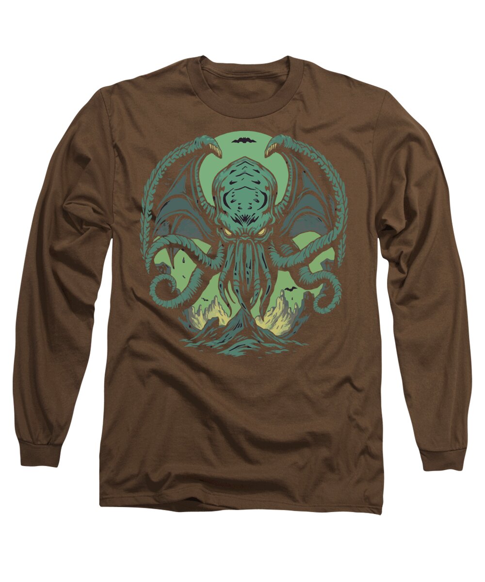Brown long sleeve T-shirt with neon green monster graphic centered on chest