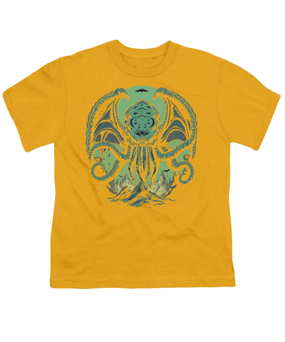 Yellow youth graphic t-shirt with green tentacled demon face and wings print