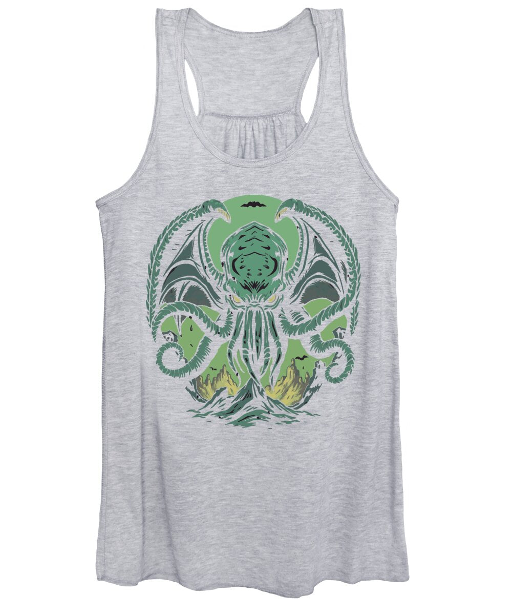 Women's tank top, light heather gray with green tentacled monster graphic front