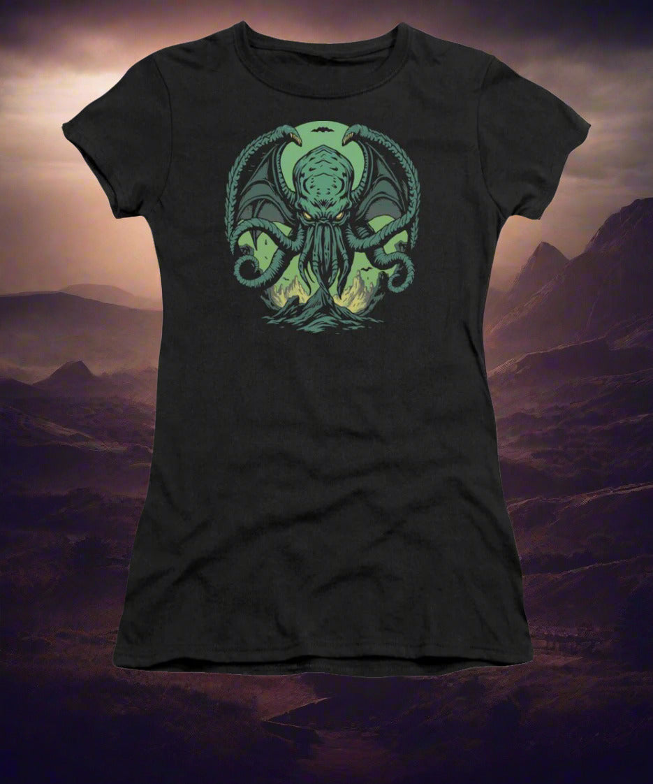 Black women's t-shirt with green Cthulhu demon graphic on the front