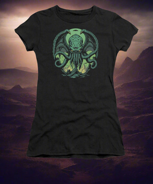 Black women's t-shirt with green Cthulhu demon graphic on the front
