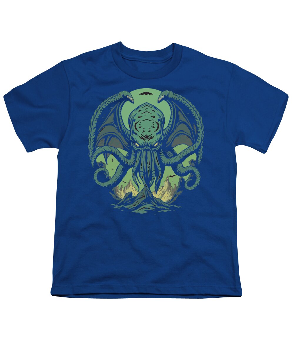 Youth T-shirt in royal blue with green sea monster graphic