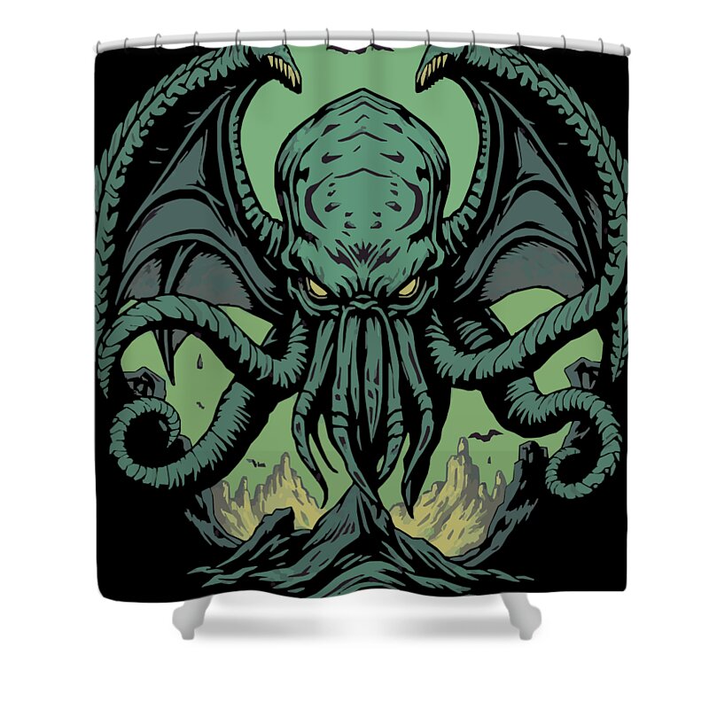 Black shower curtain with green tentacled demon and skull-like face design