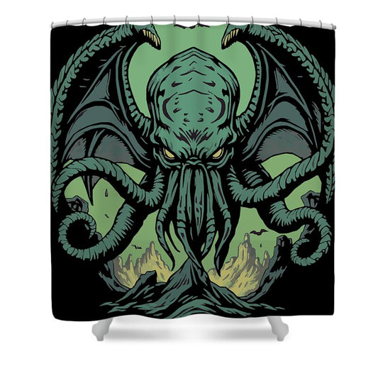 Black shower curtain with green tentacled demon and skull-like face design
