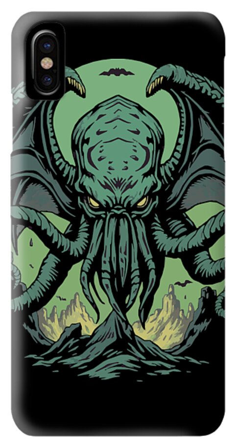 Gray phone case with teal tentacled demon artwork and camera cutouts