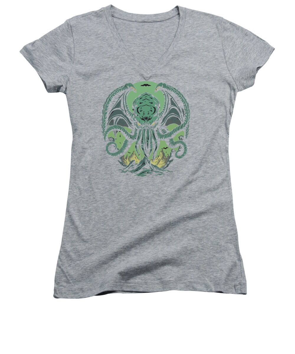 Heather gray women's V-neck T-shirt with green tentacled creature front graphic.