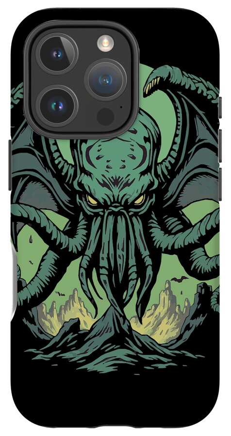 Phone case with teal Cthulhu demon face and tentacles, black frame, camera cutouts